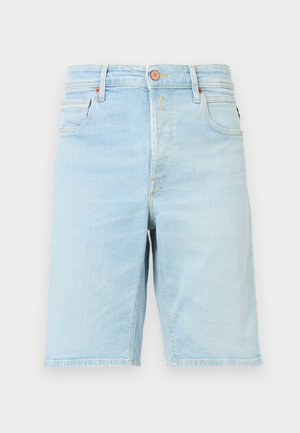 Šviesiai mėlynos džinsinės šortai su tiesiu kirpimu, su mygtuko uždarymu, penkiomis kišenėmis ir subtiliu blukimu. Minkšta tekstūra, tvarkingas apdaila.