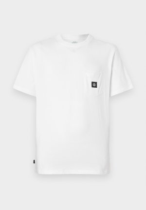 White cotton T-shirt with a crew neckline, short sleeves, and a chest pocket featuring a black logo patch. Smooth texture, relaxed fit.