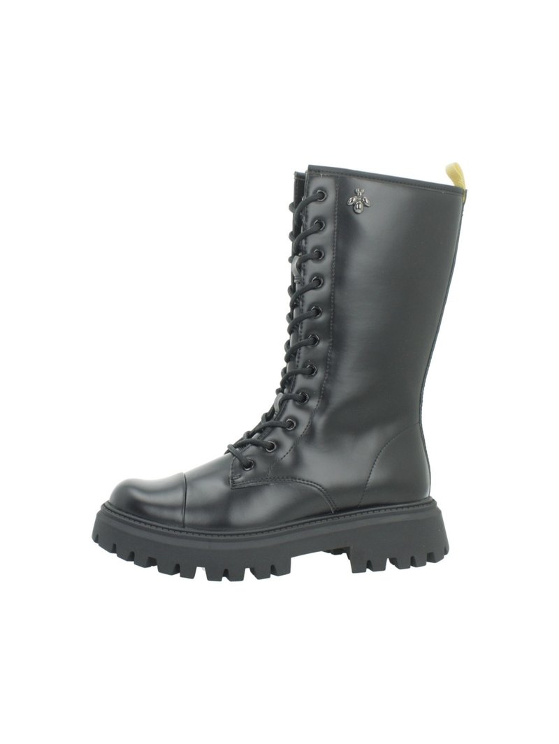 Stivali neri in pelle al ginocchio, con lacci e suola spessa, texture liscia e un piccolo emblema sul lato. Presentano una linguetta sul retro.