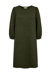 Mörkgrön, texturerad klänning som går till knäna, med rund halsringning och trekvarts långa puffärmar med resår i ärmsluten.