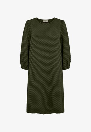 Mörkgrön, texturerad klänning som går till knäna, med rund halsringning och trekvarts långa puffärmar med resår i ärmsluten.