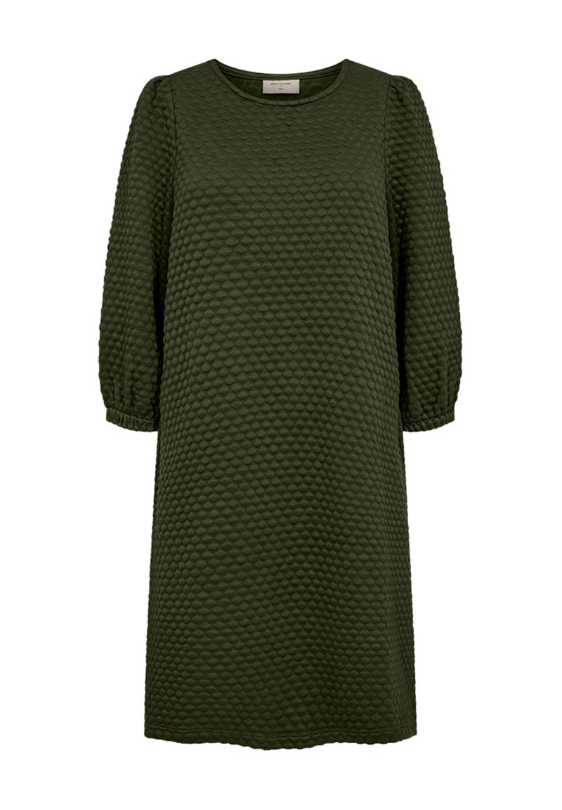 Mörkgrön, texturerad klänning som går till knäna, med rund halsringning och trekvarts långa puffärmar med resår i ärmsluten.