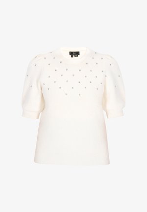 Bela pletena majica s kratkimi napihnjenimi rokavi, okroglim izrezom in okrasnimi srebrnimi dragulji na sprednji strani. Rebrast rob in manšete.
