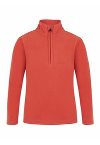 Rode fleece pullover met een ritskraag, lange mouwen en een zachte textuur. Voorzien van een logo op de borst en een licht verhoogde kraag.