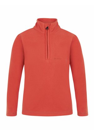Roter Fleece-Pullover mit Reißverschluss am Hals, langen Ärmeln und einer weichen Textur. Verfügt über ein Logo auf der Brust und einen leicht erhöhten Kragen.