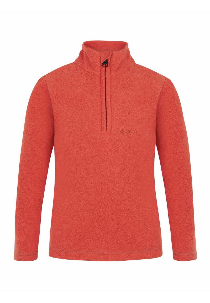 Rode fleece pullover met een ritskraag, lange mouwen en een zachte textuur. Voorzien van een logo op de borst en een licht verhoogde kraag.
