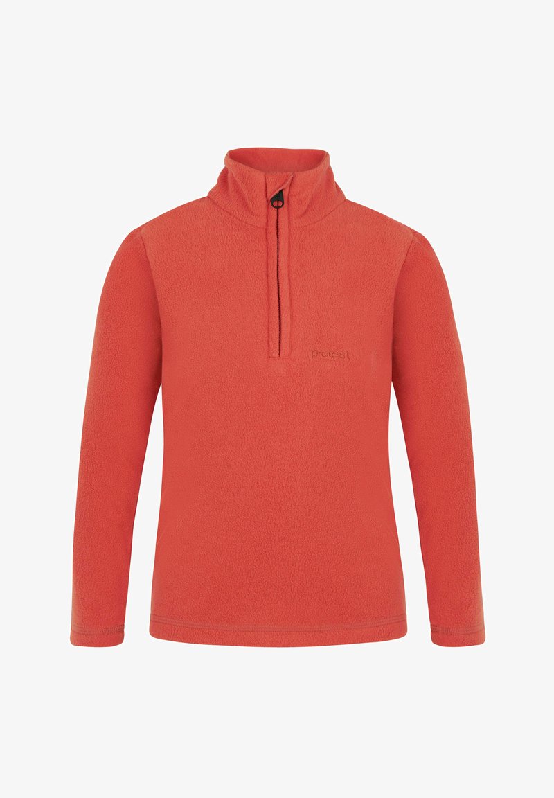 Pullover in pile rosso con collo a zip, maniche lunghe e texture morbida. Presenta un logo sul petto e un colletto leggermente rialzato.