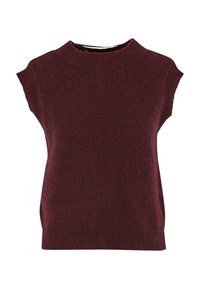 Pulover fără mâneci de culoare burgundă, cu o gât înalt, margini ondulate și textură moale. Design simplu, fără modele sau accente vizibile.