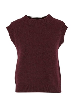 Burgundy sleeveless sweater with a high neckline, ribbed trim, and soft texture. Simple design with no visible patterns or accents.
