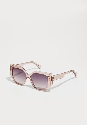 Pink hexagonal sunglasses with gradient lenses, transparent frames, and straight arms. Includes subtle branding on the temple.