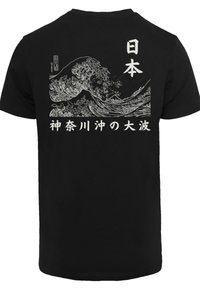Black cotton t-shirt featuring a white wave design with Japanese text. The back displays intricate wave patterns and character details.