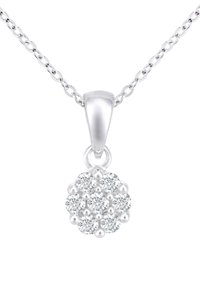 Sølv halskæde med en cirkulær vedhæng, prydet med klynger af klare ædelsten, glat tekstur og en delikat kæde med runde led.