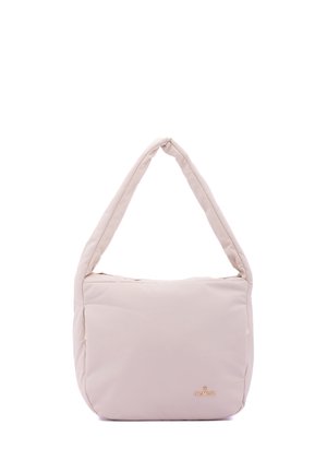 Soft beige shoulder bag with padded strap, rectangular shape, zipper closure, and small gold brand logo near bottom right corner.