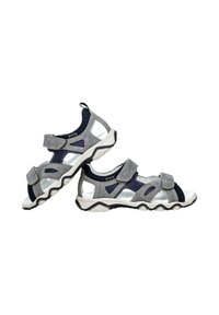 Sandali da esterno grigi e blu navy con cinturini regolabili in Velcro e design traforato. Dotati di suola in gomma e dettagli texture.