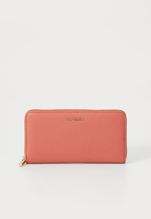 Coral leather wallet with a textured finish, zip closure, and gold logo detail. Rectangular shape with stitched edges.
