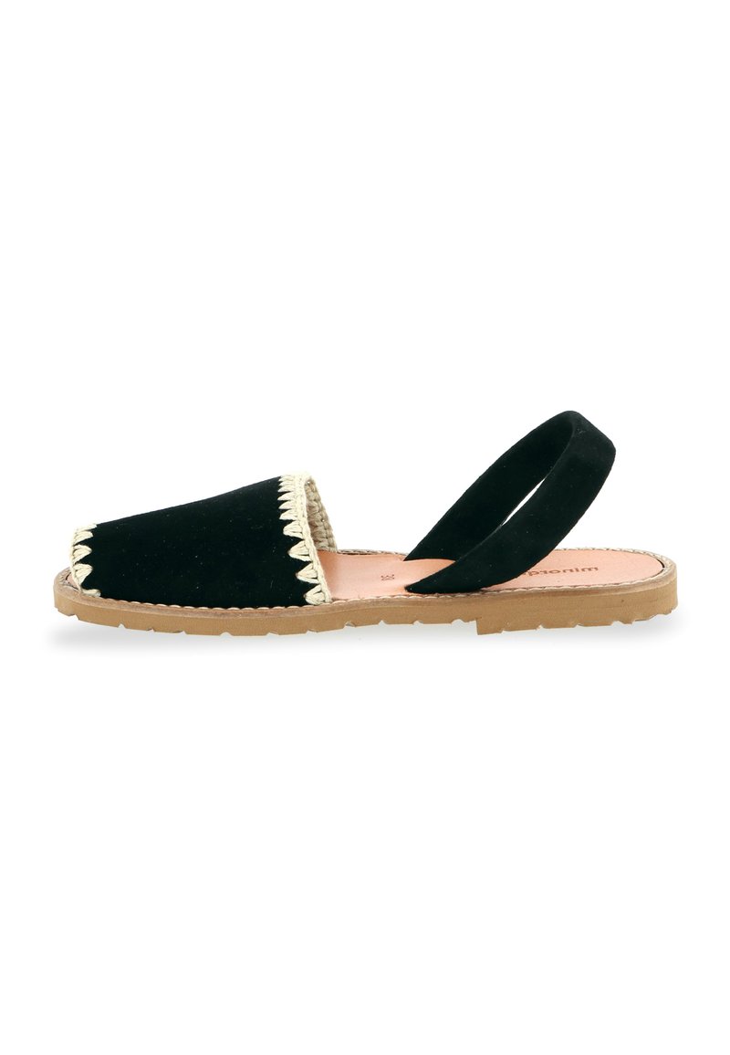 Chaussure à talon en suède noir avec bord ondulé, semelle en caoutchouc tan et design minimaliste. Pas de motifs ni d'accents visibles.