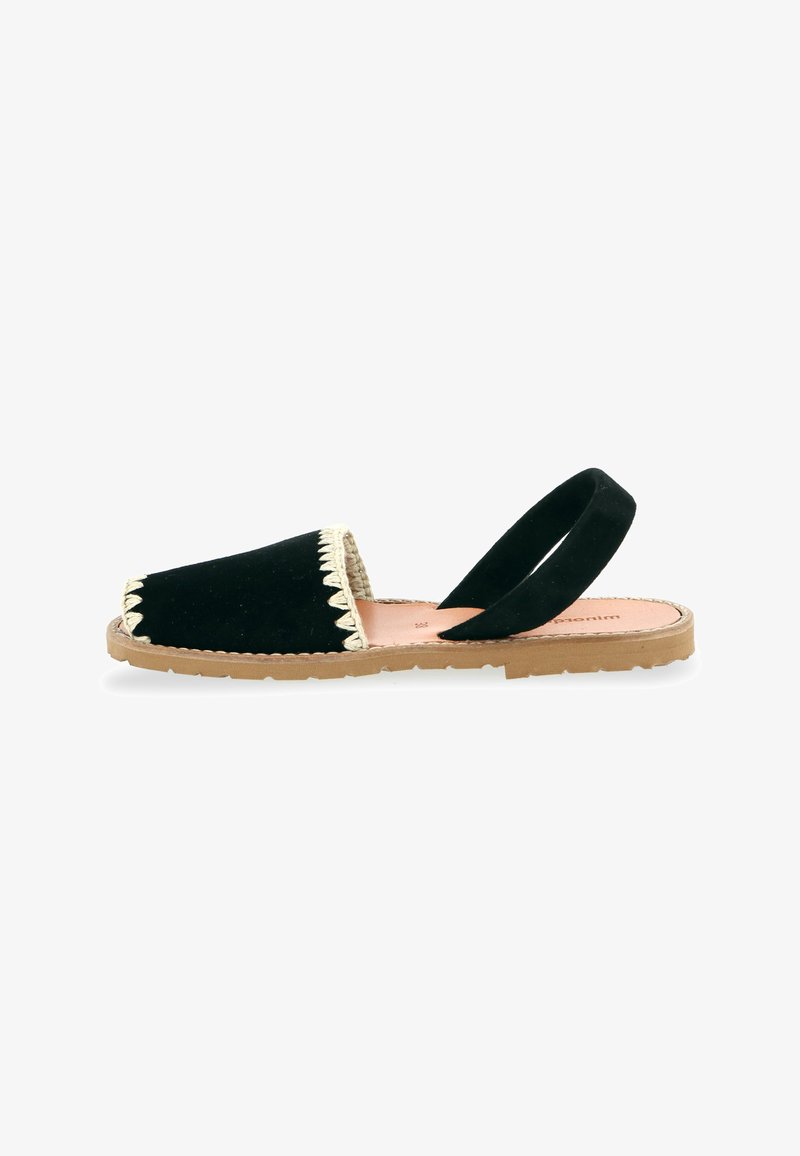 Chaussure à talon en suède noir avec bord ondulé, semelle en caoutchouc tan et design minimaliste. Pas de motifs ni d'accents visibles.