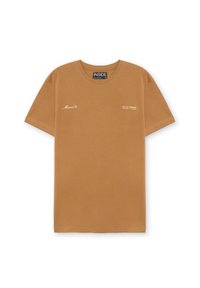 Camiseta de algodón marrón con cuello redondo y mangas cortas. Presenta texto impreso "Monaco" y "Francia" en blanco. Textura suave y diseño casual.