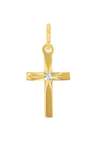 Pendente a croce in oro con finitura lucida, dotato di una piccola gemma trasparente al centro e di un semplice anello per il fissaggio.