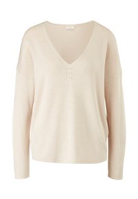 Beige gestrickter Pullover mit langen Ärmeln und tiefem V-Ausschnitt. Verfügt über drei horizontale Falten am Ausschnitt und einen lockeren, entspannten Schnitt.