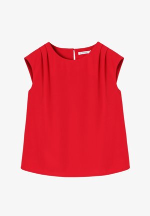 Top rosso a maniche corte con scollo rotondo e sottili pieghe frontali. Presenta una chiusura a occhiello sul retro. Tessuto morbido, vestibilità comoda.