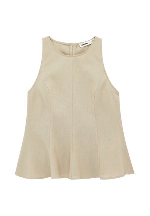 Top beige para mujer sin mangas con escote redondo, cuerpo ajustado, bajo acampanado y cierre de cremallera visible en la espalda.