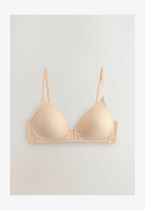 Bežinė trikampė liemenėlė su reguliuojamais petnešėlėmis, minkšta medžiaga, subtilūs siūlų detalės ir mažas kaspinas priekyje.