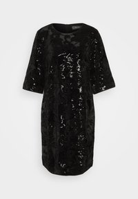 Robe noire pailletée avec un col rond et des manches trois-quarts, ornée d'un motif floral et d'une texture lisse. Fermeture à glissière au dos.