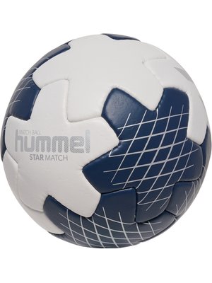 Biało-niebieska piłka nożna Hummel Star Match z panelami w kształcie gwiazdy i wzorem kratki na niebieskich częściach.