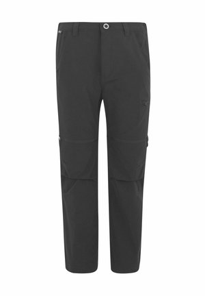 Pantalones de senderismo negros para exteriores con piernas desmontables con cremallera y múltiples bolsillos, diseñados para versatilidad y comodidad.