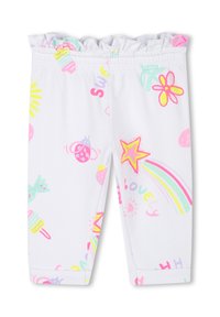 Witte legging met een elastische rimpelband in de taille, versierd met kleurrijke, speelse patronen zoals sterren, bloemen en fruit in pastelkleuren.