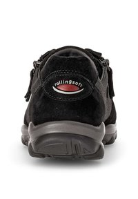 Scarpa in pelle scamosciata nera e tessuto con suola in gomma grigia, dotata di logo "rollingsoft" e chiusura con zip sul lato.