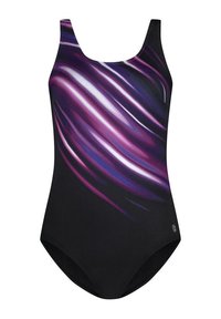 Maillot de bain une pièce noir avec motif ondulé violet et blanc, doté d'un col scoop et d'ouvertures de jambe hautes. Texture de tissu lisse et extensible.