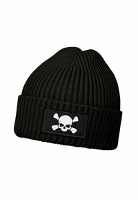 Black knitted beanie hat with a textured ribbed design, featuring a rectangular patch with a white skull and crossbones graphic.