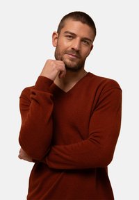 Rostfärgad V-ringad tröja i mjukt material, med långa ärmar och en avslappnad passform. Texturen ser mjuk och härlig ut.