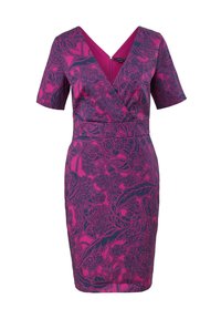 Abito fucsia con scollatura a V, maniche corte e motivo floreale in blu scuro. Progettato con una siluetta aderente e un accento in vita.