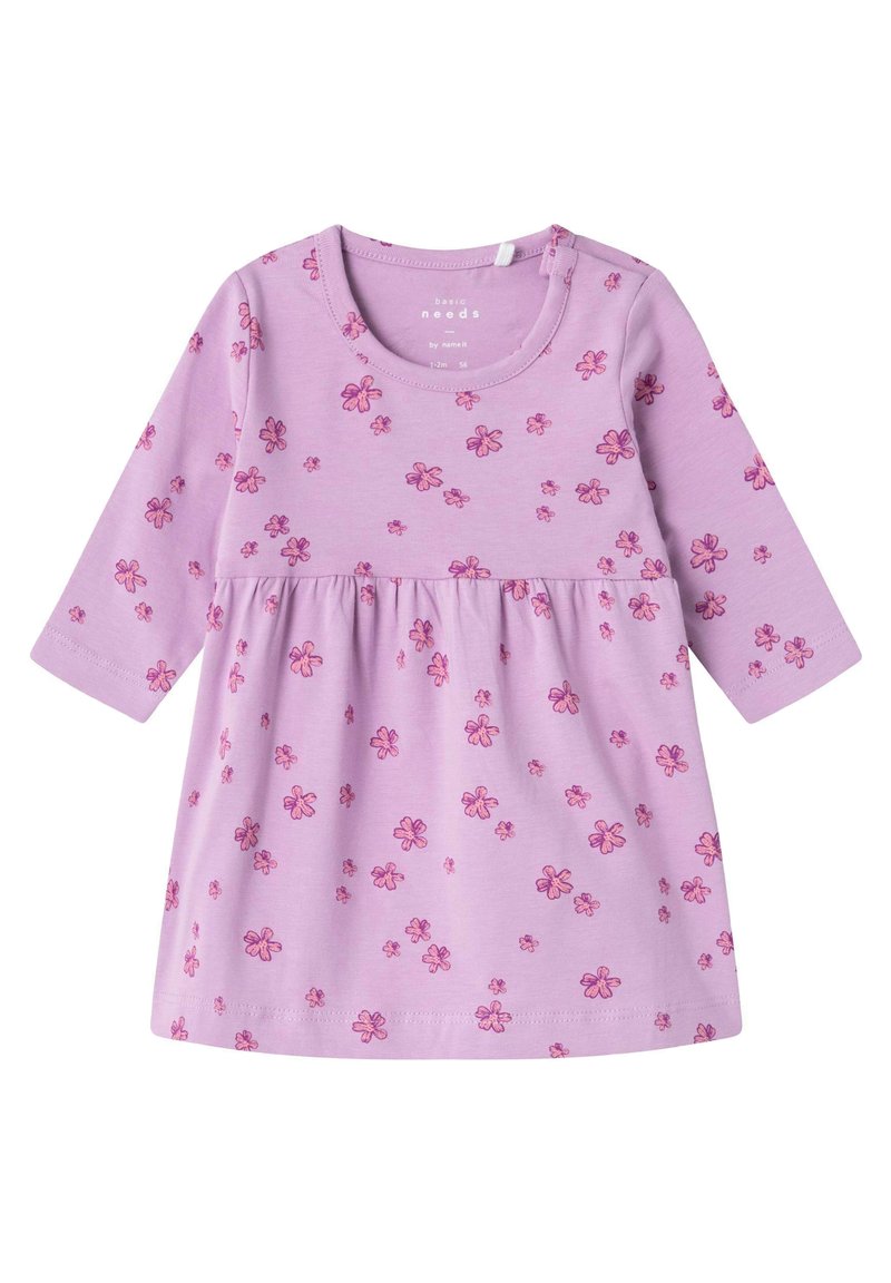 Abito viola a maniche lunghe con vita arricciata, caratterizzato da un motivo di fiori rosa e un collo rotondo. Realizzato in tessuto morbido per il massimo comfort.
