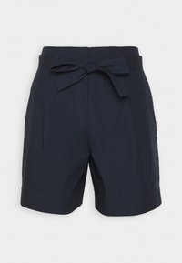 Shorts bleu marine en tissu léger, dotés d'une taille ceinturée avec un nœud, de détails plissés et d'un ourlet roulé.