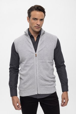 Chaleco gris claro con cremallera, con un patrón texturizado y ribete sólido, llevado sobre una camisa de botón oscura, que presenta un cuello de stand y una cremallera visible.