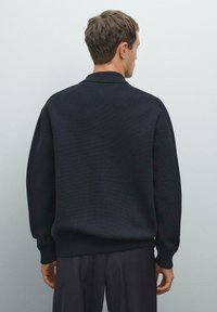 Black knitted sweater with a classic collar and long sleeves. Features ribbed cuffs and hem. Worn with dark trousers. View from the back.