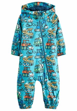 Blue waterproof overall featuring colorful construction vehicle patterns, elastic cuffs, a zip front, and a hood for added warmth.