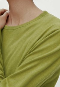 Zielony dziany sweter z okrągłym dekoltem i długimi rękawami. Materiał wydaje się miękki i lekko elastyczny. Jednolita tkanina bez wzorów.