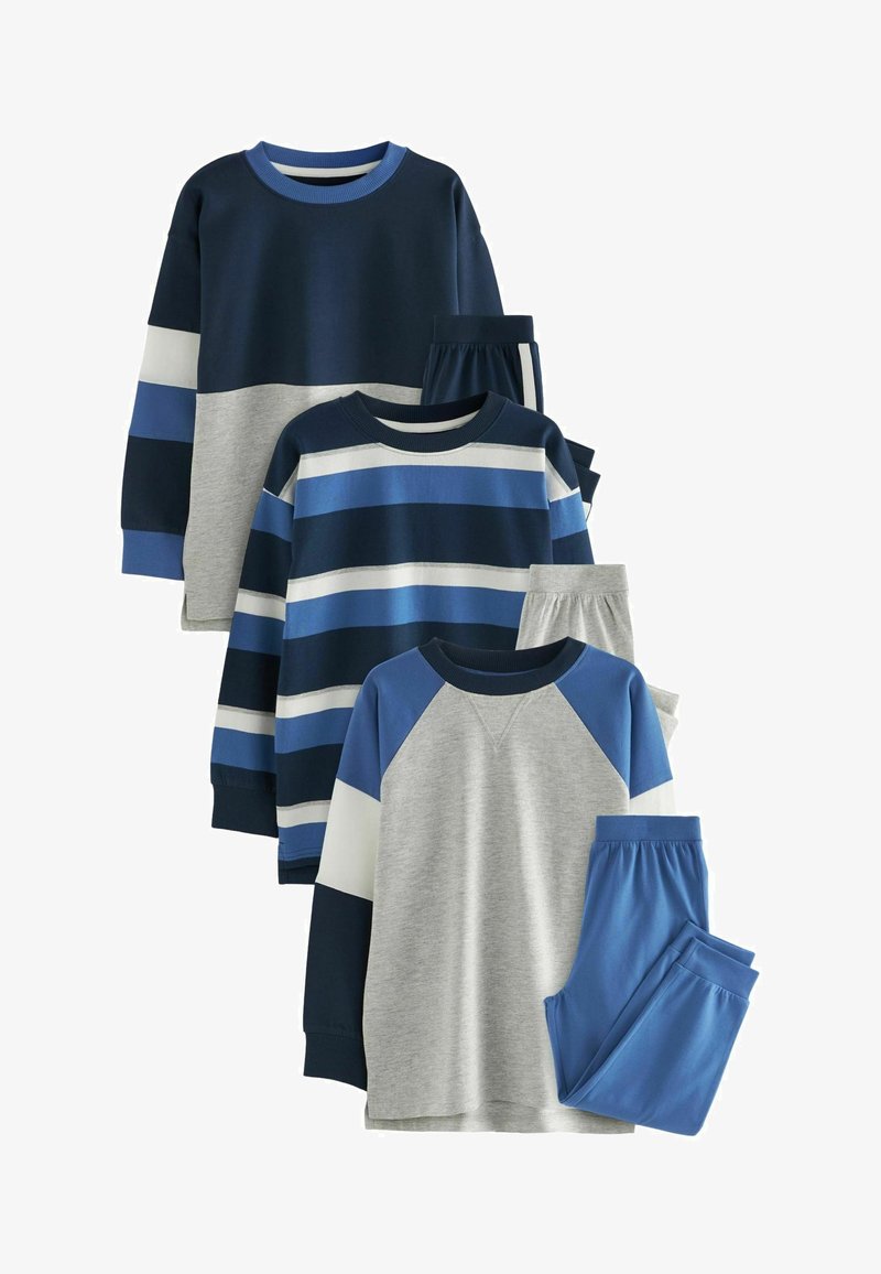 Three sets of children's loungewear in navy, blue, and gray tones. Features striped and color-block designs, soft fabric, and elastic waistbands.
