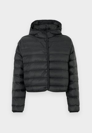 Czarna krótka kurtka puchowa z poziomym pikowaniem, zapinana na zatrzaski, z długimi rękawami i przymocowanym kapturem na jednolitym tle.