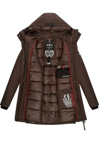 Brown padded jacket with a quilted interior, red piping, and multiple pockets. Features a hood and black knit cuffs. Branding visible inside.