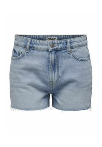 Shorts in denim azzurro chiaro, con vita alta, orlo sfrangiato, design a cinque tasche e chiusura con bottone in metallo. Etichetta del brand: ONLY.