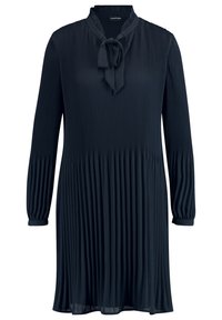 Marinblå plisserad klänning med långa ärmar, en knytning halskrage och en strukturerad tyg. Designen har vertikala plisseringar genom hela plagget.