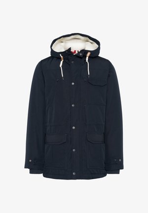 Marineblå isolert jakke med hette, med en myk fleecefôring, flere lommer foran og justerbare snorer.