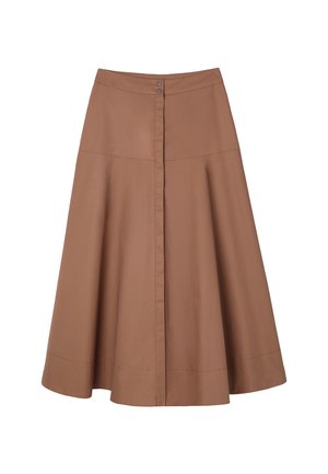 Brun A-line midi nederdel med frontsyning, bred kant og to metal knaplukninger i linningen.