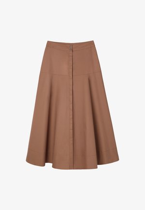 Brown A-line midi skirt with front seam, wide hem, and two metal button closures at the waistband.
